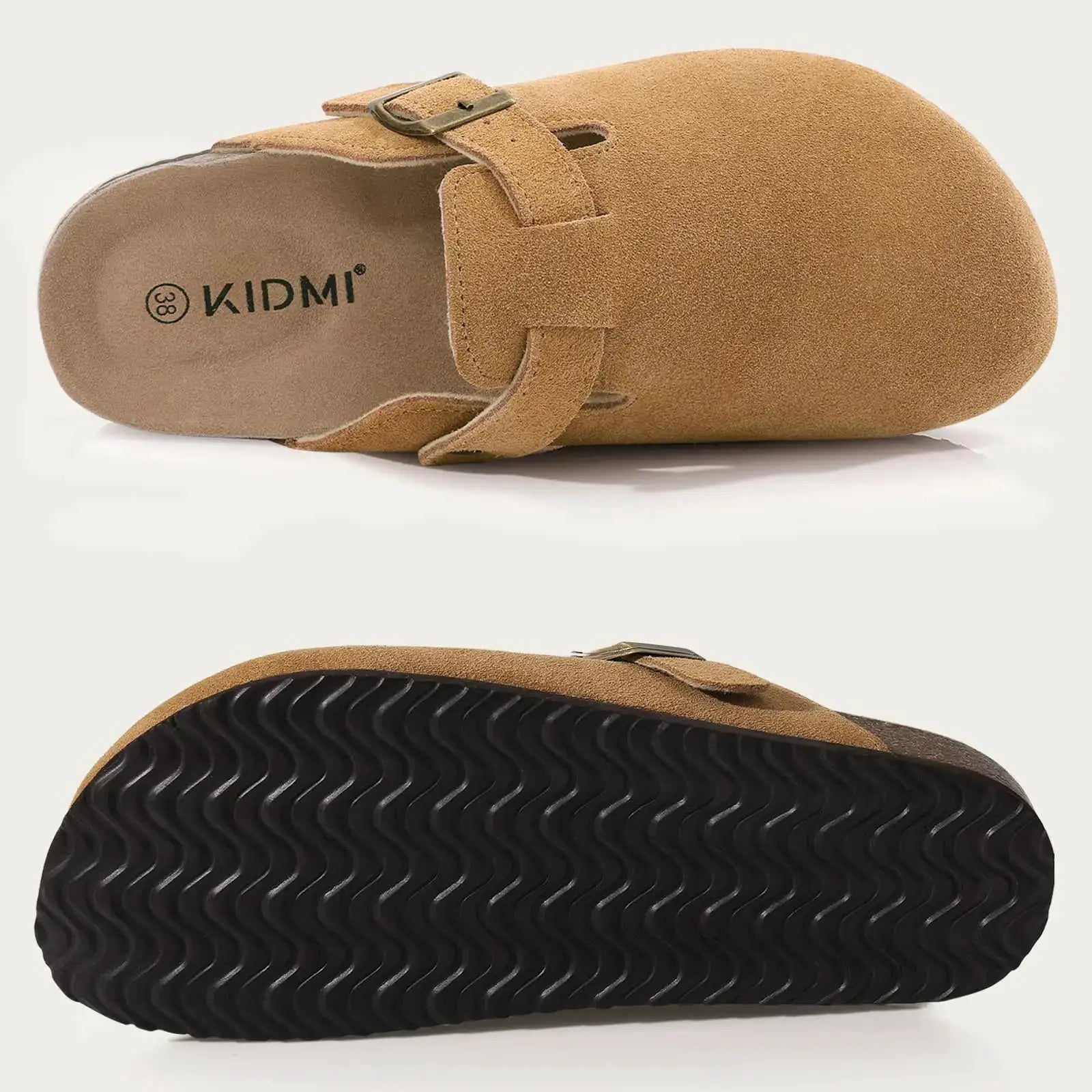 Litfun tan suede clogs with adjustable strap and cork footbed; KIDMI logo on insole, black outsole