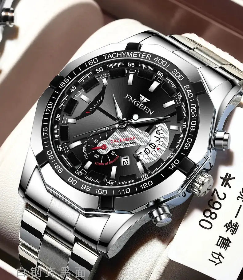 BINBOND men's quartz wristwatch with stainless steel bracelet, black chronograph dial and tachymeter bezel
