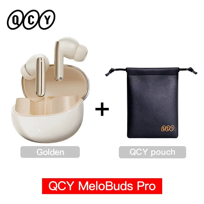 QCY MeloBuds Pro wireless earbuds in gold with charging case and QCY pouch