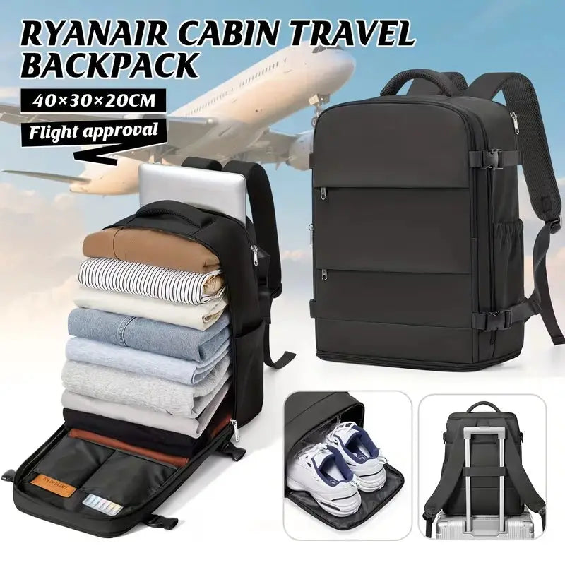 Ryanair cabin travel backpack 40x30x20, black waterproof carry-on with laptop pocket; two bags shown.