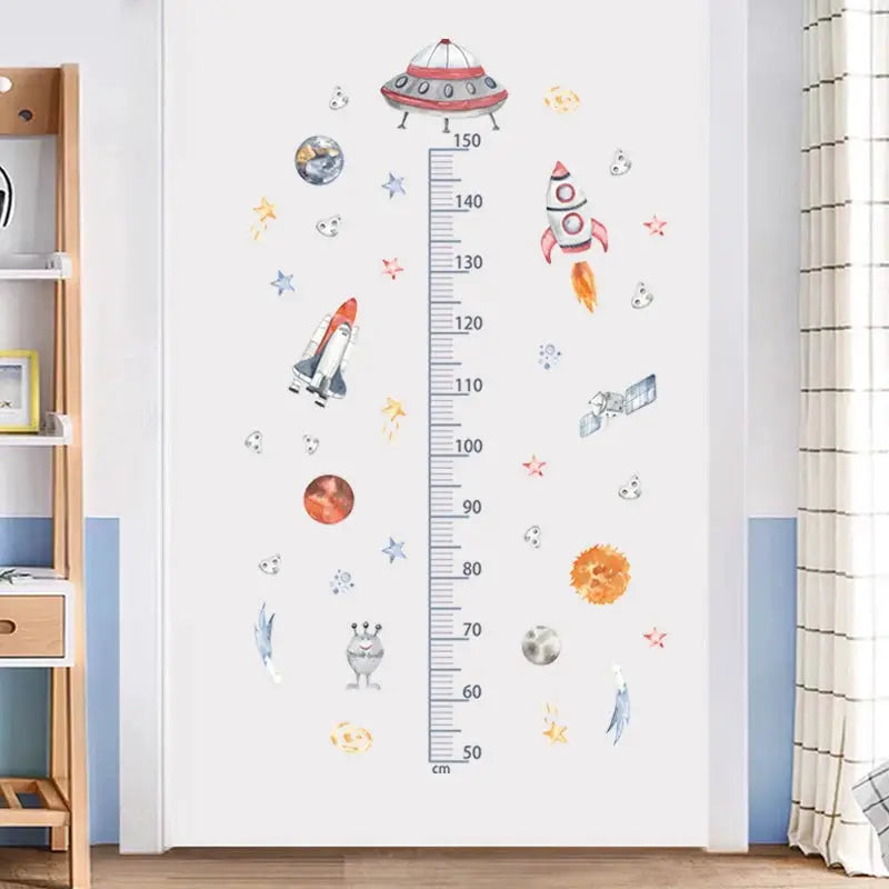 3-piece cartoon animal height ruler wall stickers for kids room; waterproof removable PVC decor with rockets and planets