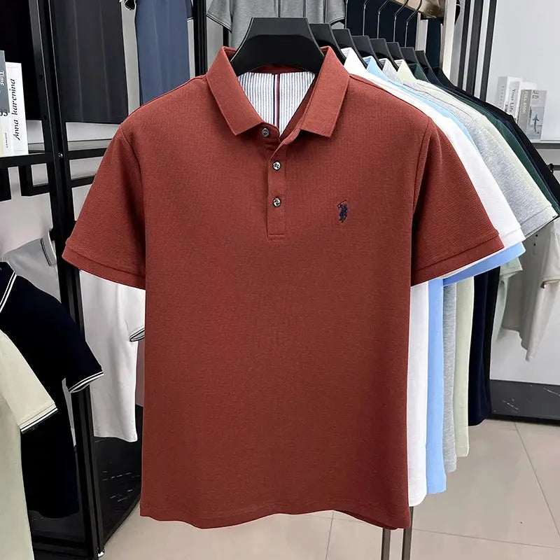 Simples Market men's cotton polo shirt in rust red with pony embroidery and short sleeves