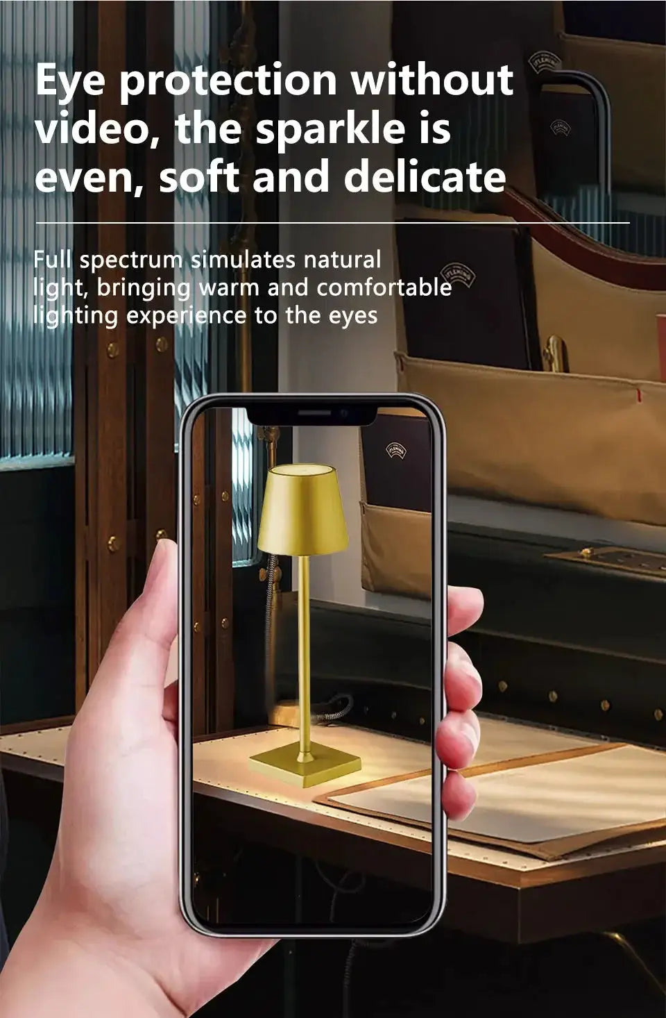 Gold LED desk lamp by Simples Market; USB rechargeable, wireless touch control, 3-color desktop ambient light