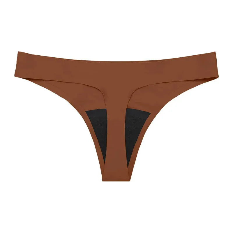 Brown seamless low-waist menstrual thong with black inner panel and 4-layer leak-proof design