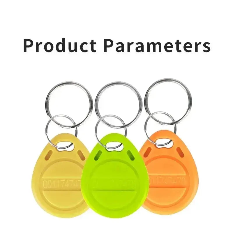 Three 125KHz read-only RFID TK4100/EM4100 proximity keyfobs in yellow, green and orange with metal key rings