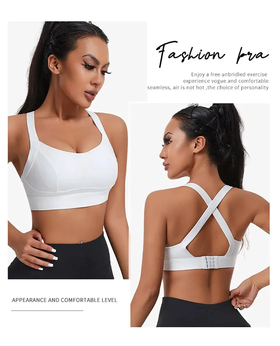 White women's high-impact sports bra with padded cups and criss-cross back (front and back views)