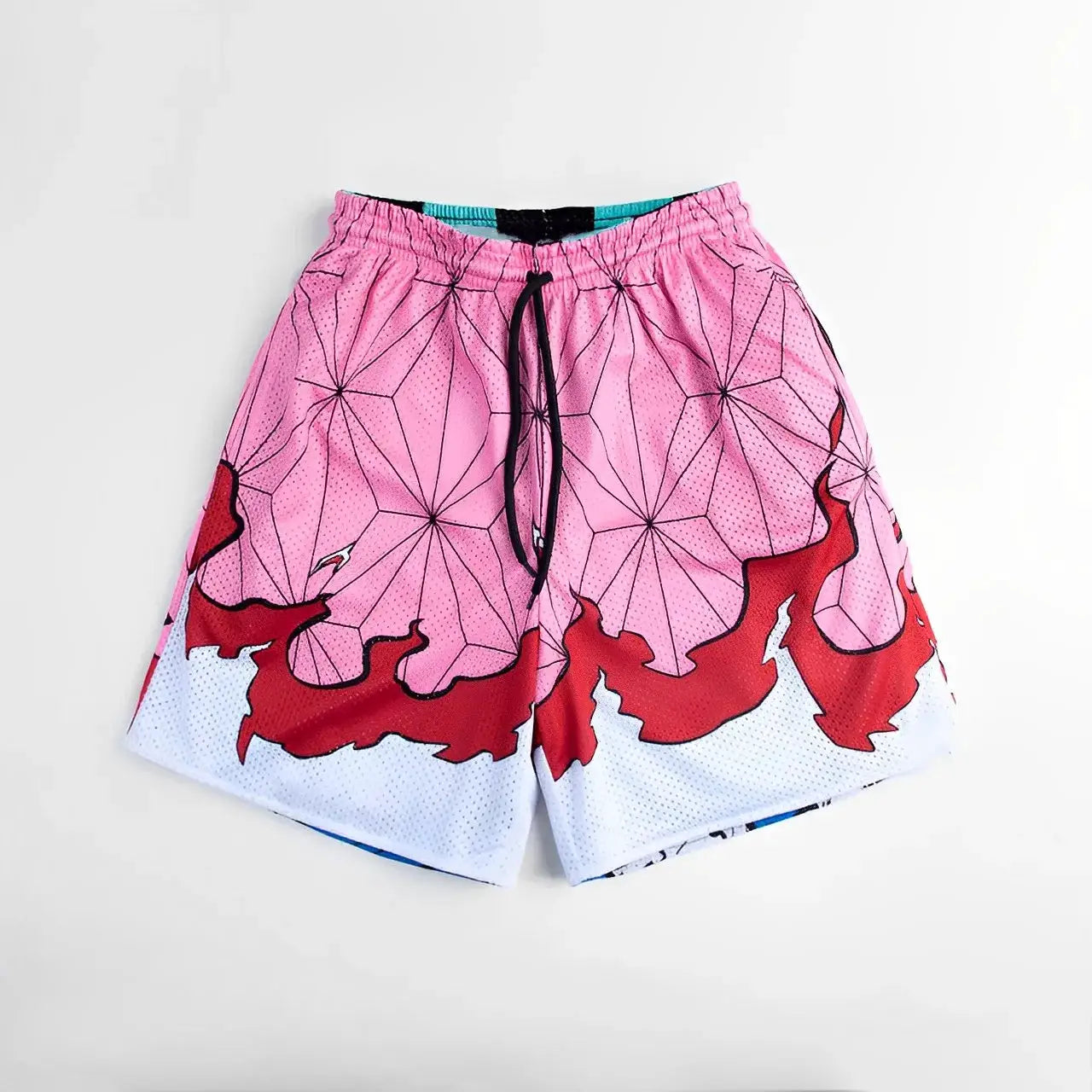 IPPO anime shorts pink geometric print, quick-dry gym and beach jogger shorts with black drawstring