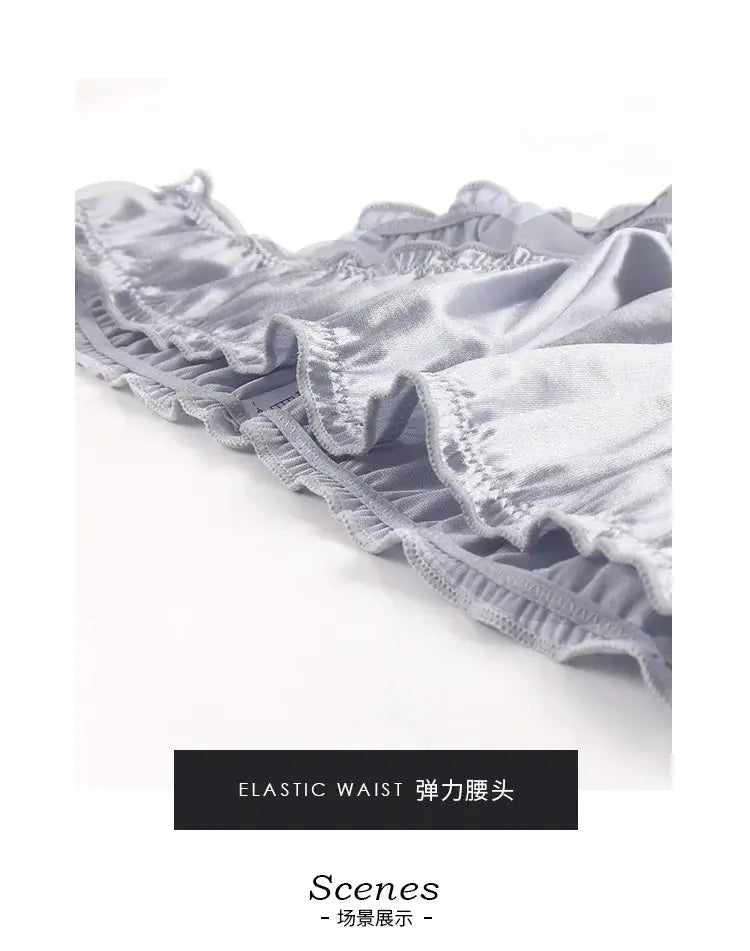 Simples Market women's gray satin low-waist panties with elastic waistband and frilled edges