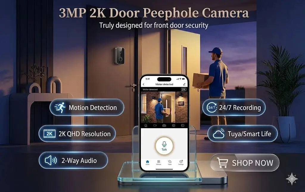 Door Peephole Camera by Simples Market 3MP 2K WiFi with 170° wide angle, motion detection, 2-way intercom.