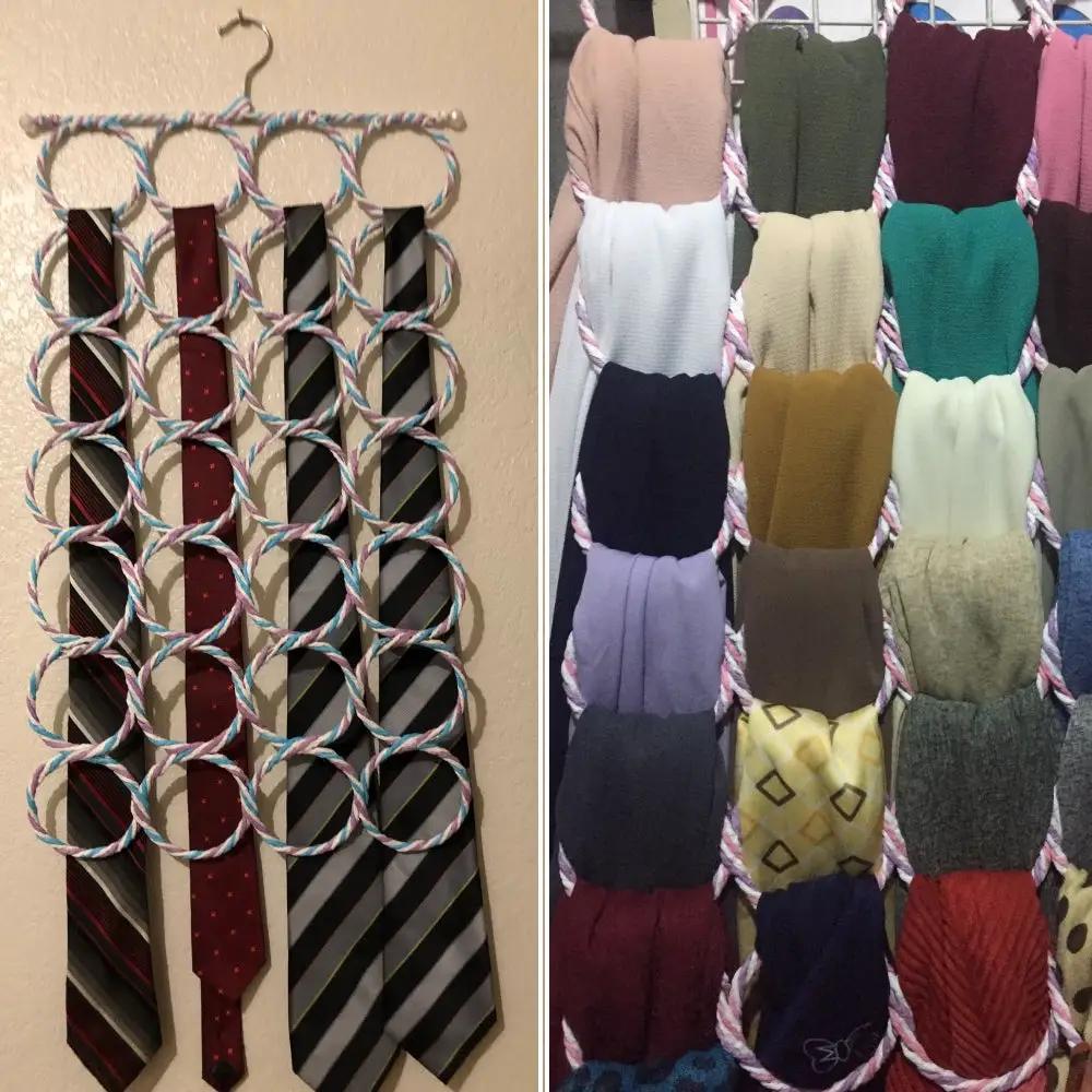 28-hole scarf and tie organizer with braided rope loops on a rattan-weave hanger