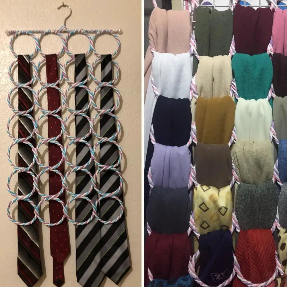 28-hole scarf holder rack with foldable rope-loop hangers for ties and scarves
