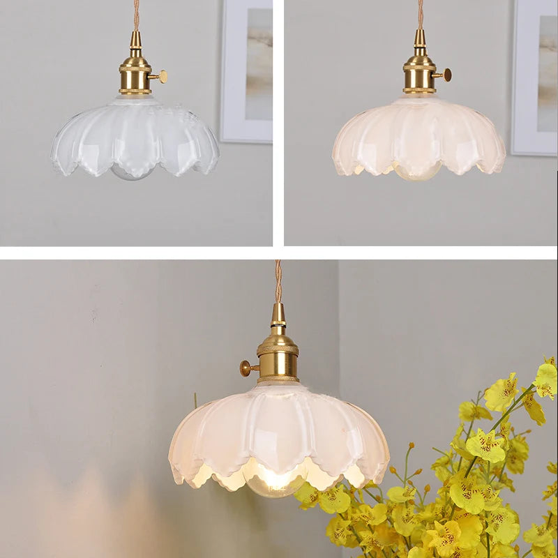 Simples Market vintage pendant lights with scalloped glass shades and brass hardware, 3 color variants shown.