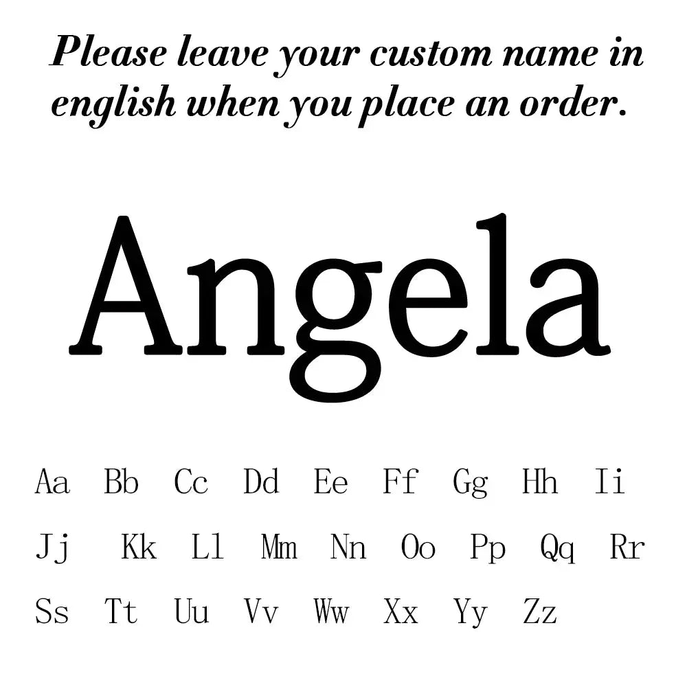 Custom name stud earrings in stainless steel with the name Angela shown as an example.