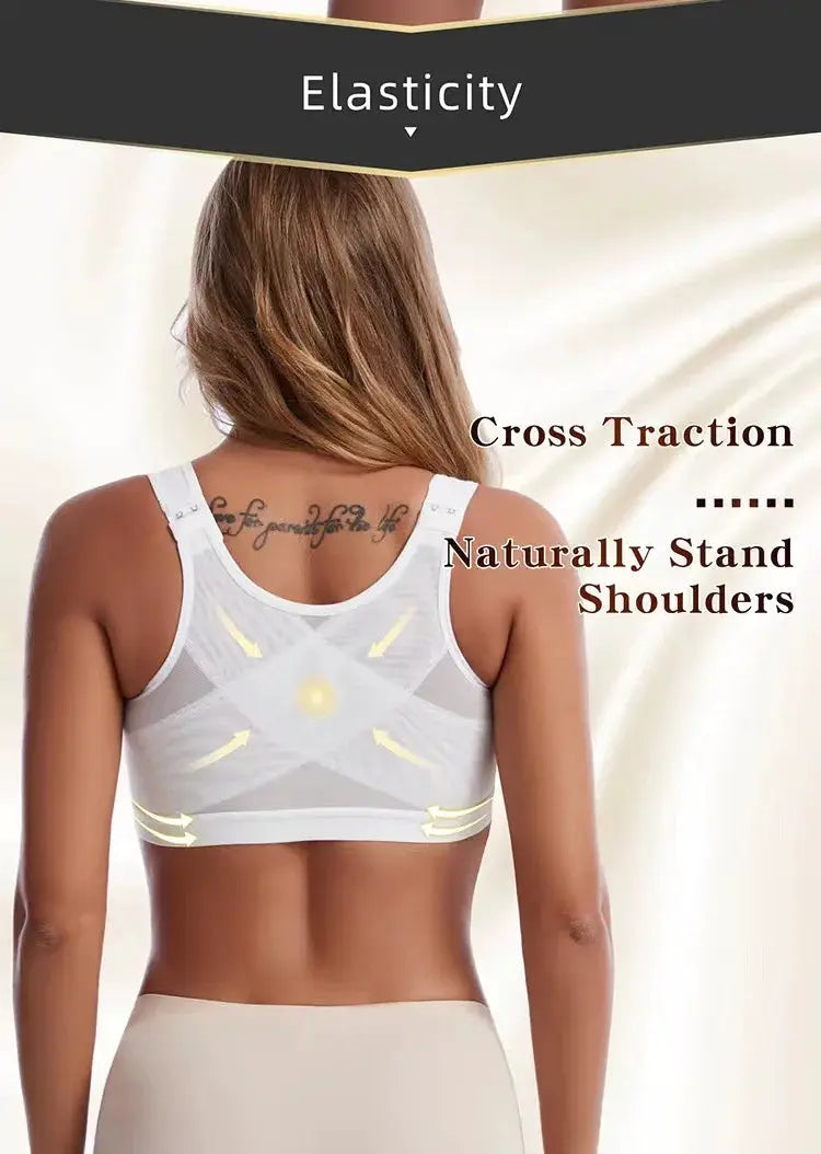 Women’s white front-closure posture-corrector bra with cross-back straps and mesh back