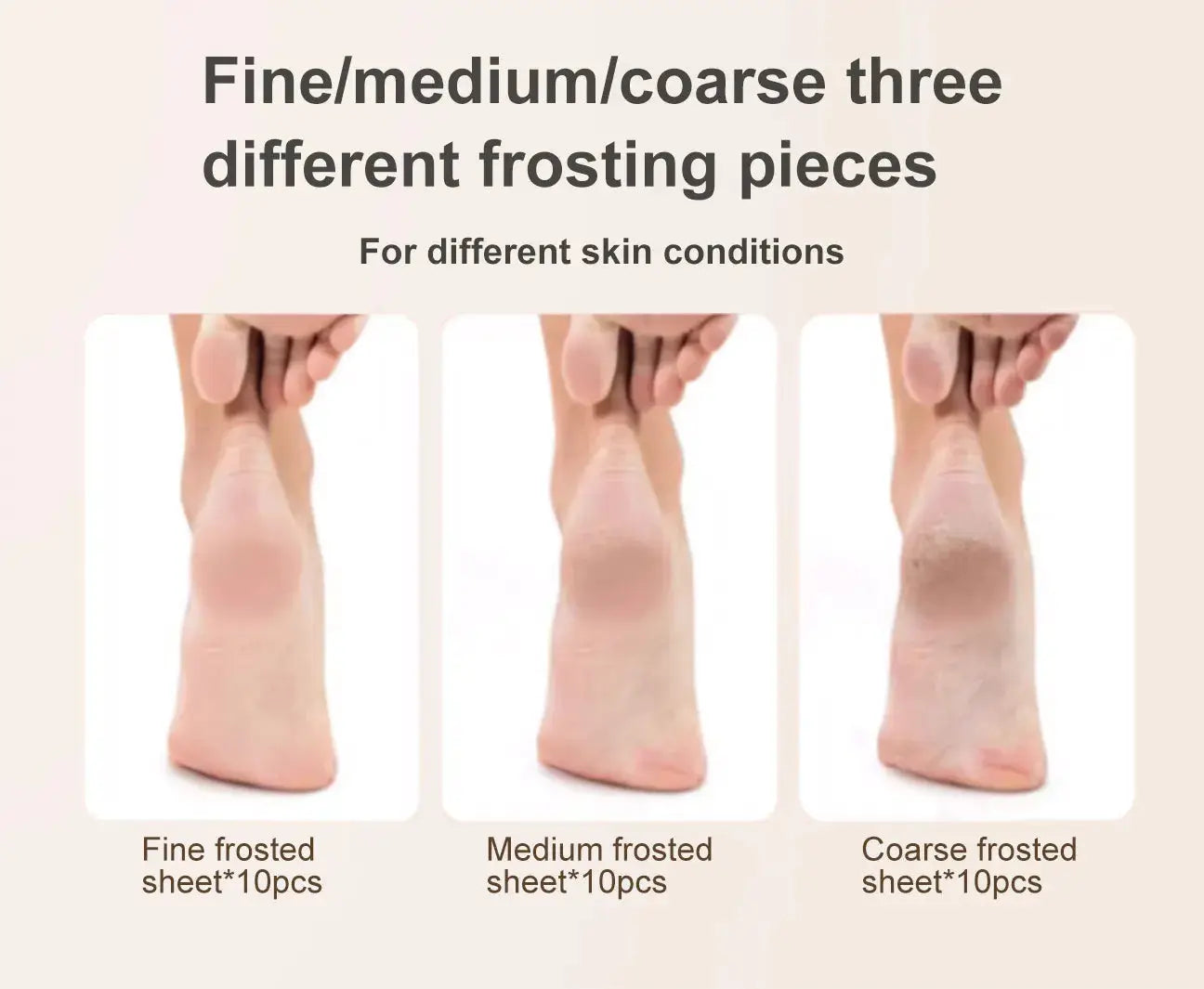 Foot care frosted sheet trio: fine, medium, and coarse sheets (10pcs each) for different skin conditions