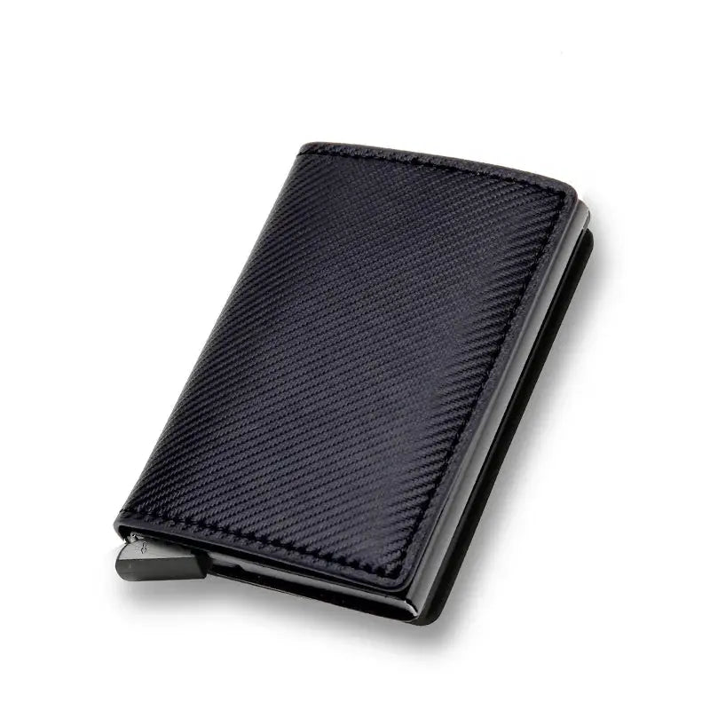Carbon fiber RFID-blocking card holder wallet with mini auto pop-up, dark navy