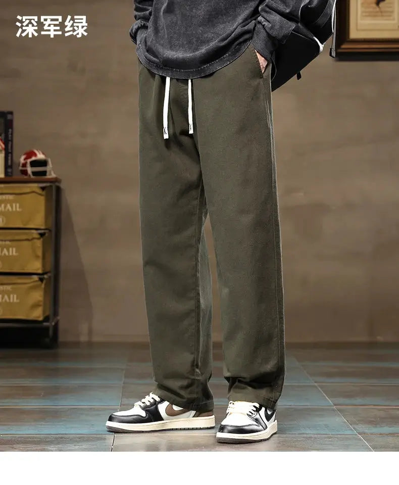 HIQOR men casual cargo jogger pants in deep military green cotton, loose straight wide-leg with drawstring