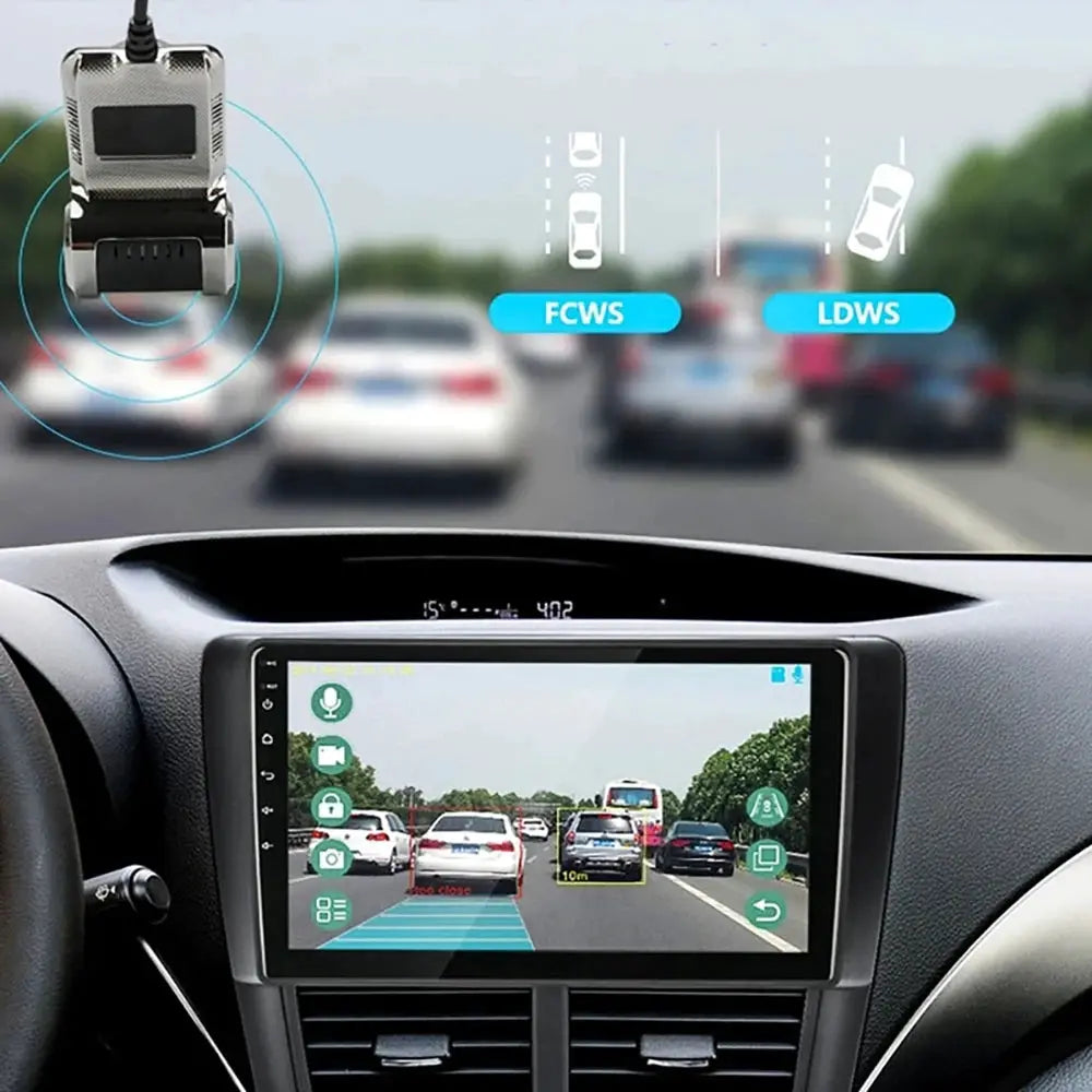 Car dash cam by Simples Market on windshield mount, full HD 1080p with ADAS LDWS/FCWS and navigation display