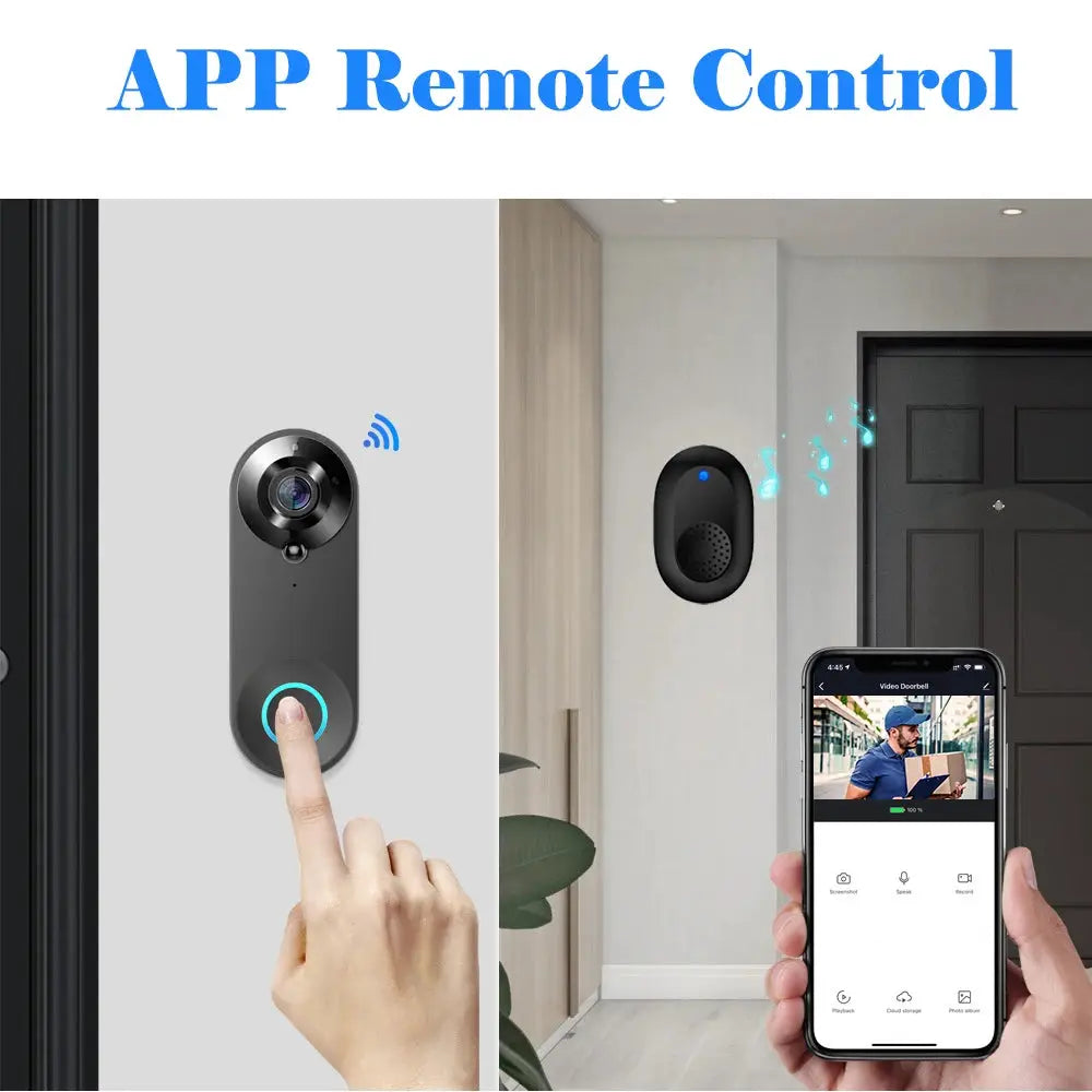 Simples Market 1080P wireless video doorbell camera with WiFi and motion detection, two devices shown