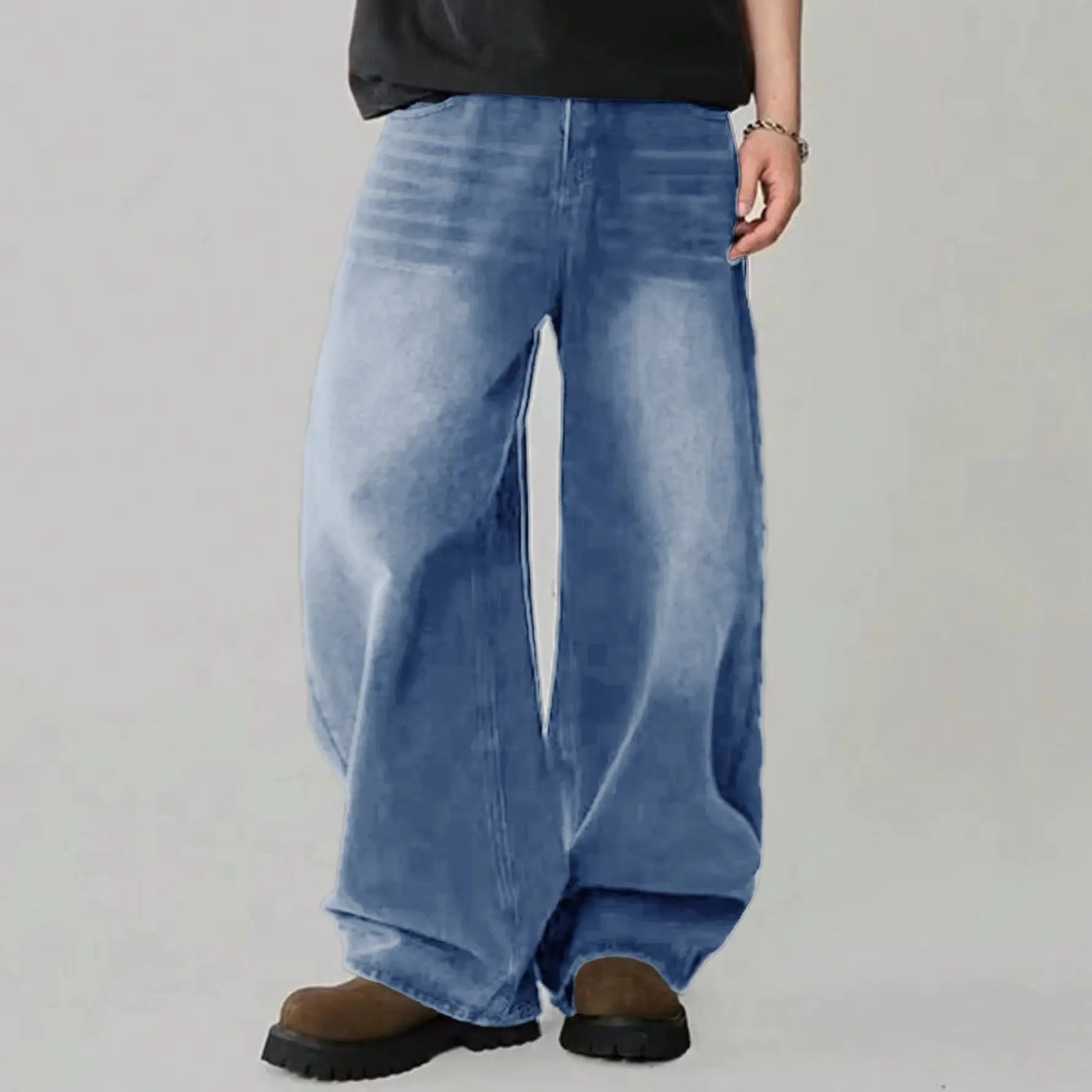 Men's light blue denim jeans, baggy wide-leg straight fit for casual streetwear
