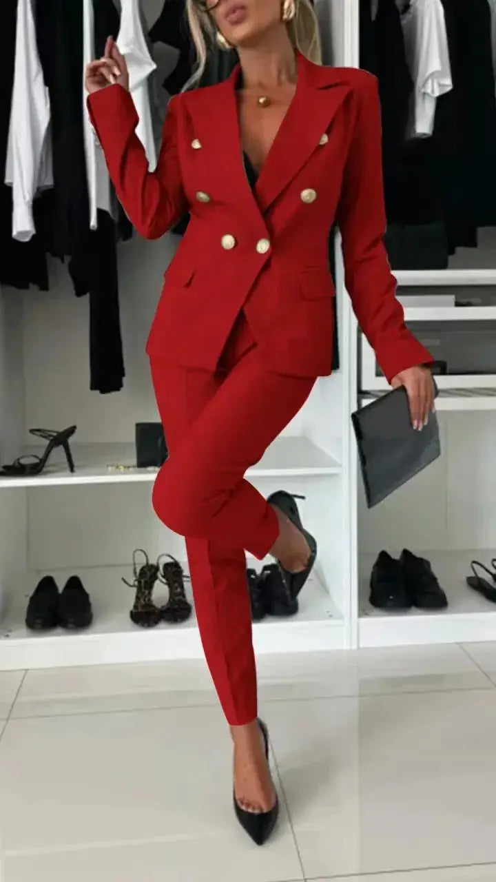 Office 2-Piece Red Blazer and Trousers Set by Simples Market; double-breasted with gold buttons, slim fit