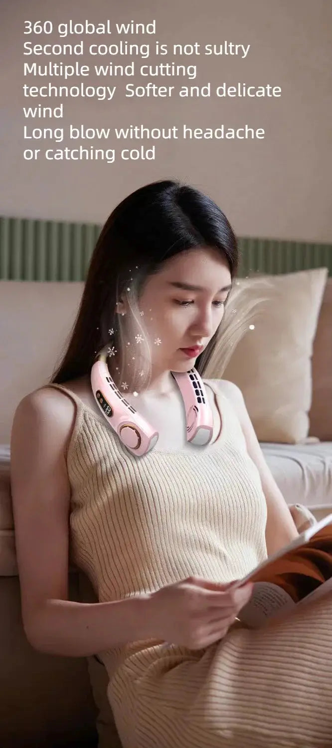 JKUOO pink portable neck fan, hands-free bladeless personal fan worn around the neck