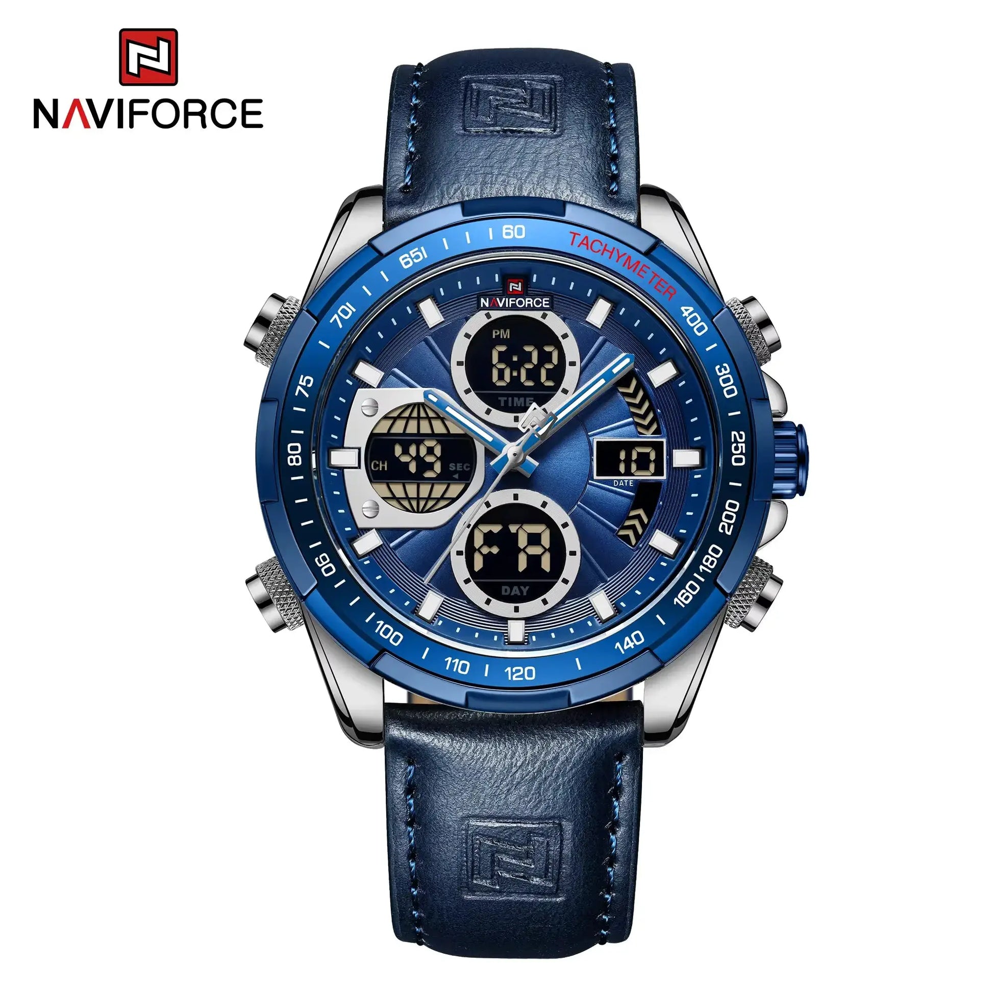 NAVIFORCE men's blue chronograph watch with tachymeter bezel and leather strap.