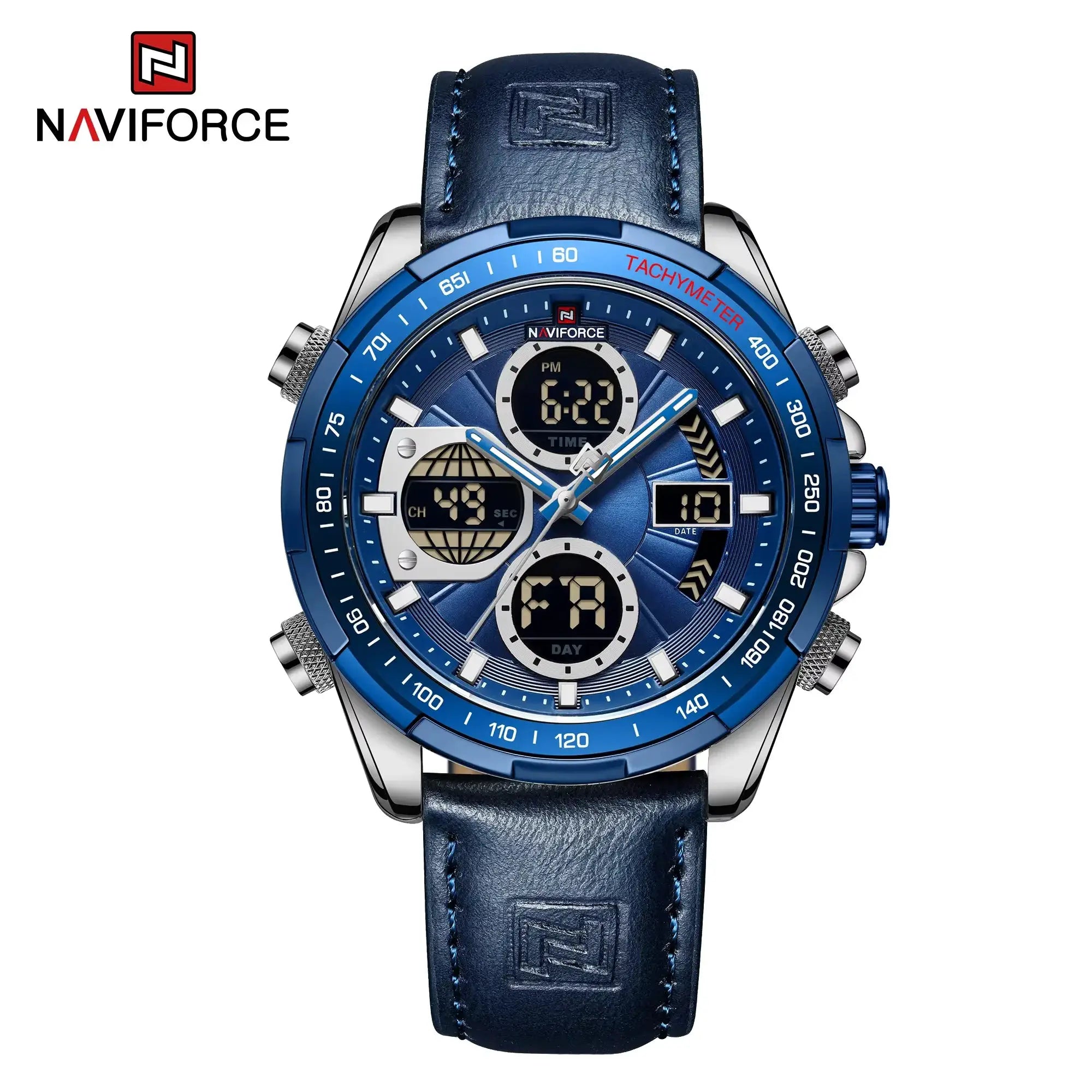 NAVIFORCE men's blue chronograph watch with tachymeter bezel and leather strap.
