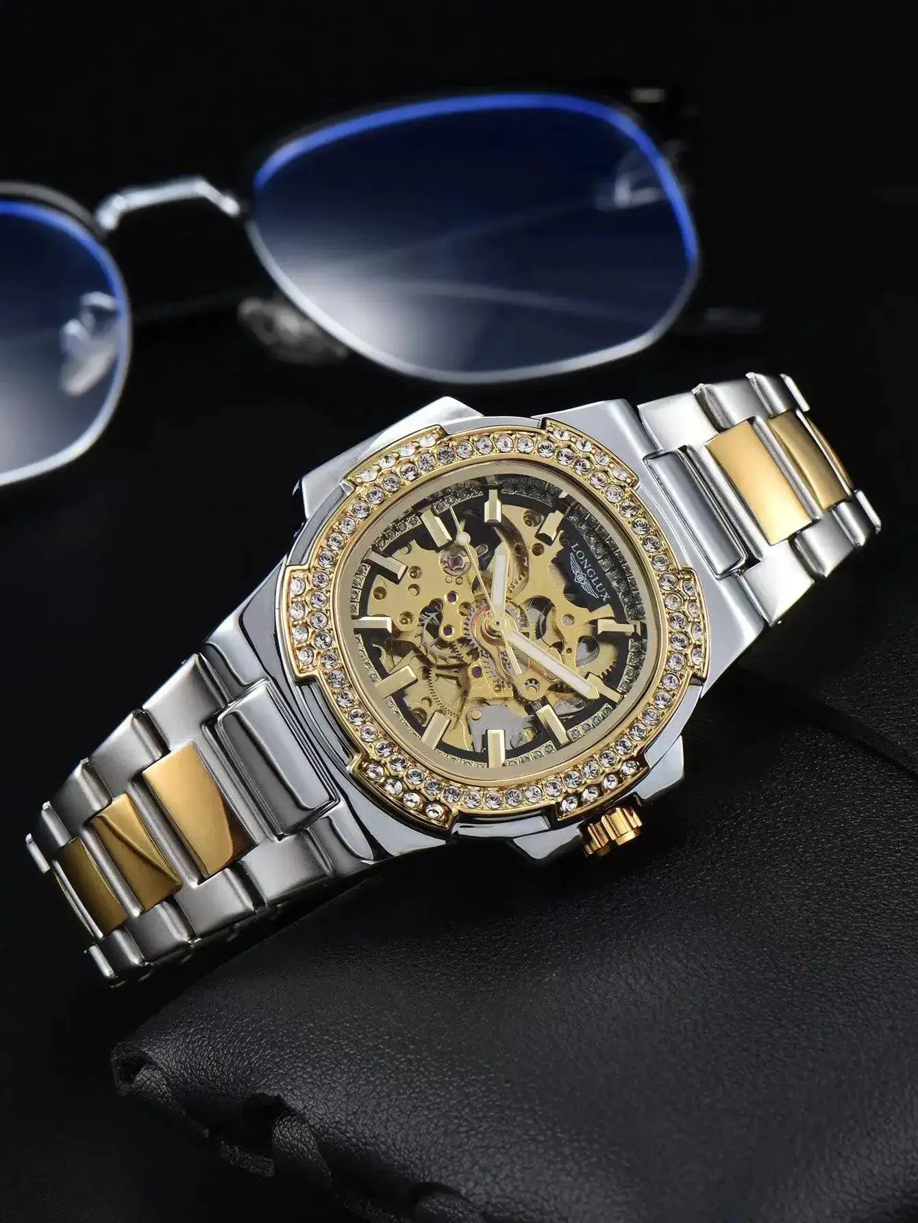 LONGLUX skeleton automatic men's watch with two-tone stainless steel bracelet and diamond-studded bezel
