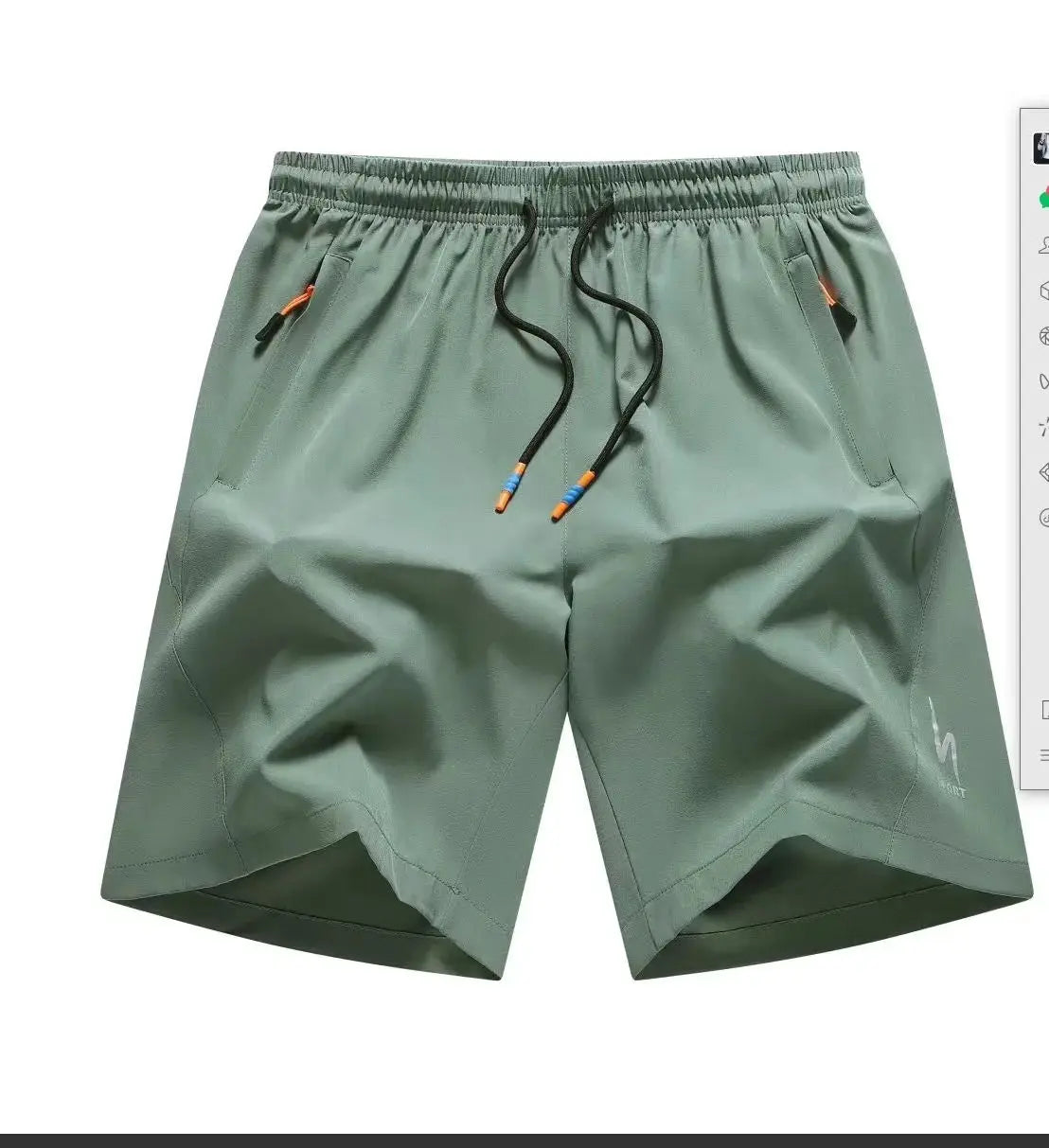 Simples Market men's olive green breathable shorts with elastic waist, drawstring, and orange-zippered pockets.