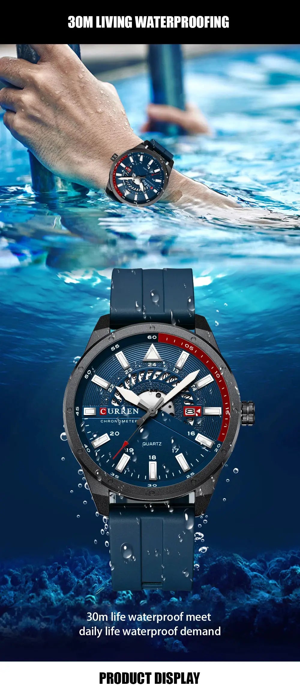 Curren men's fashion watch with blue dial, silicone strap, red-accent bezel, quartz movement, 30m water resistant