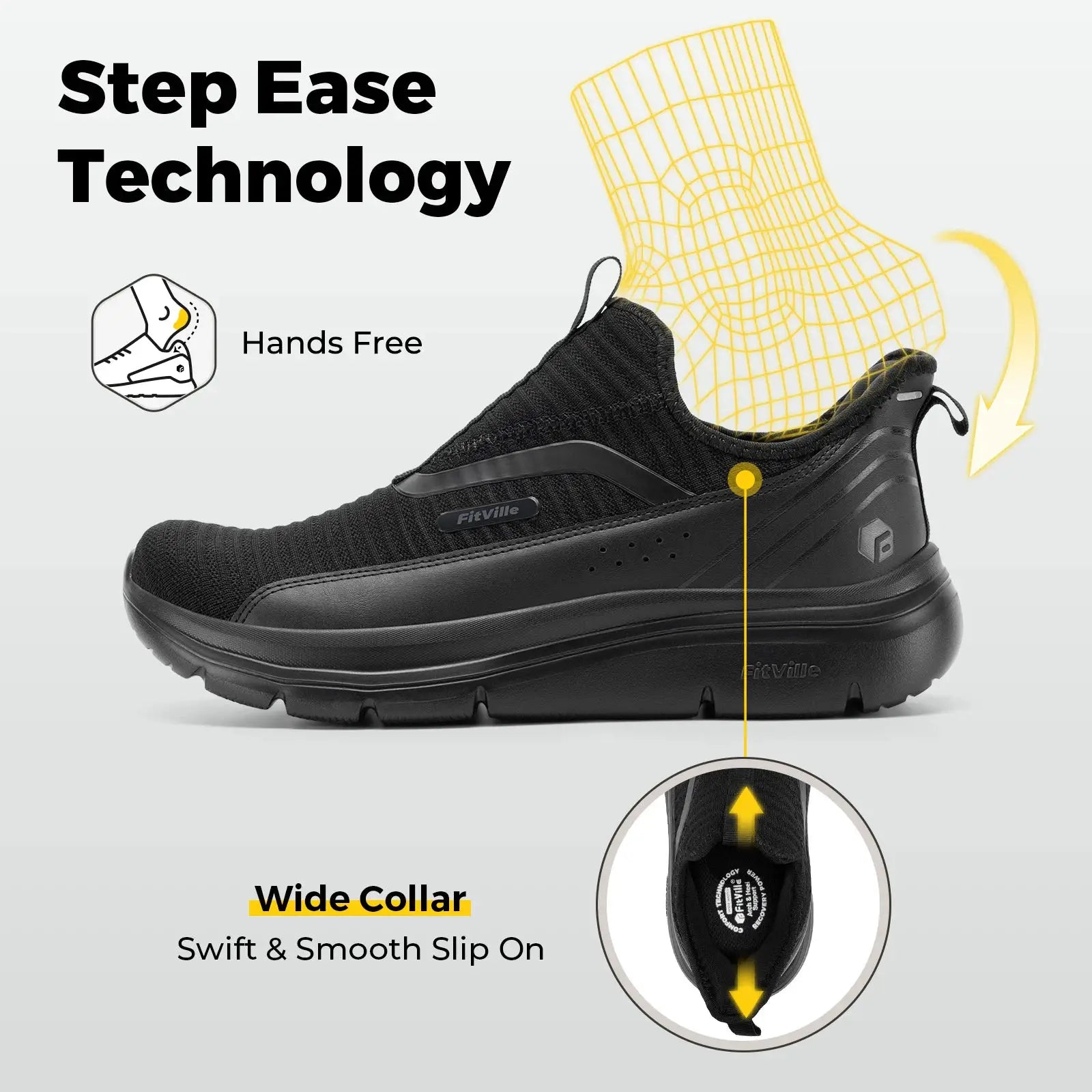Fitville wide men’s walking sneakers, black, lightweight and breathable with Fitville logo.
