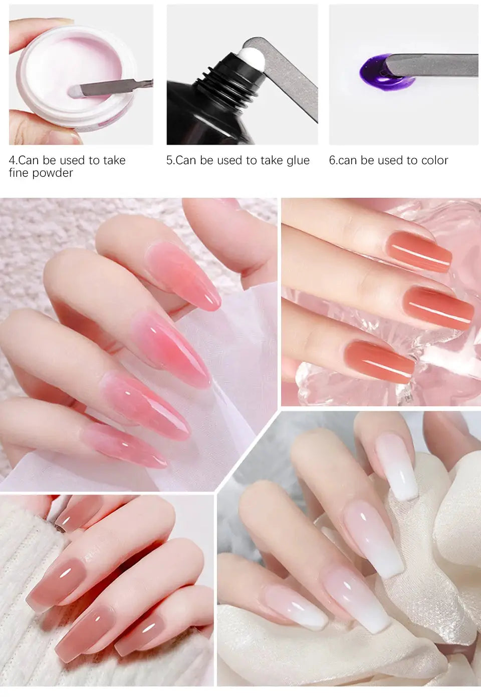 6-piece extension nail gel set with mini lamp by Simples Market, pink/peach/white UV/LED gels