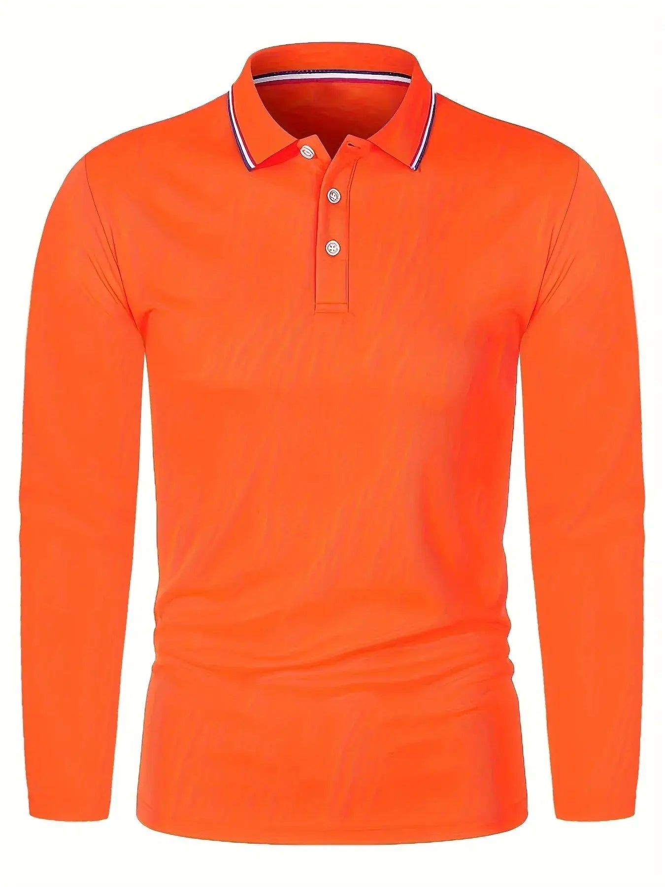 Men's orange long-sleeve polo shirt with striped collar trim, breathable casual business wear