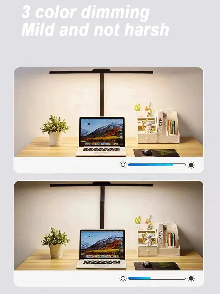 Simples Market LED desk lamp with adjustable gooseneck, 3-color dimming, and dimmable brightness on a desk.