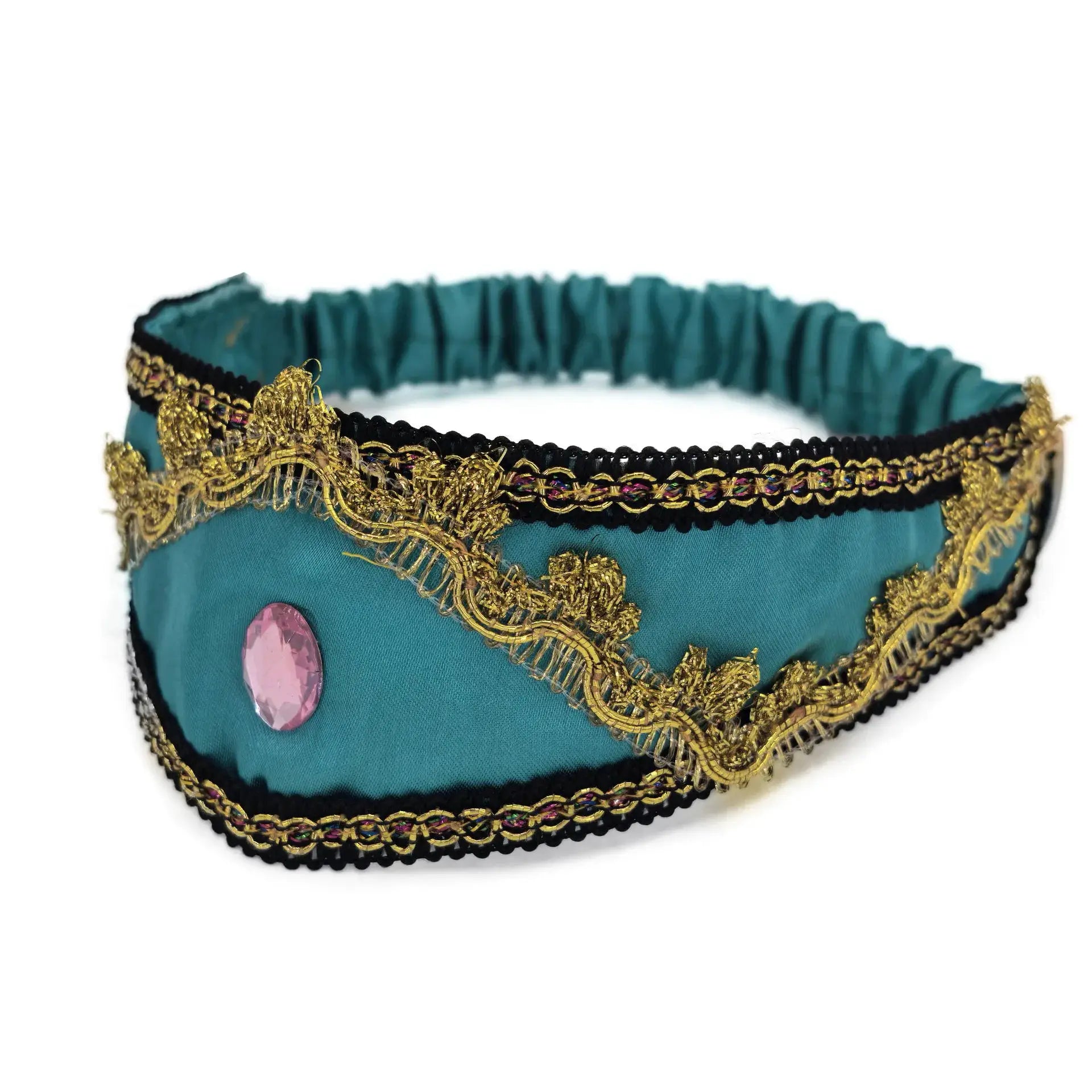 Frozen Elsa crown headband for kids with teal base, gold lace trim and pink gems