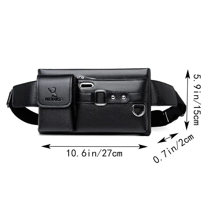 Daily Wear solid-tone black PU leather crossbody fanny bag with multiple pockets and adjustable strap, Simples Market
