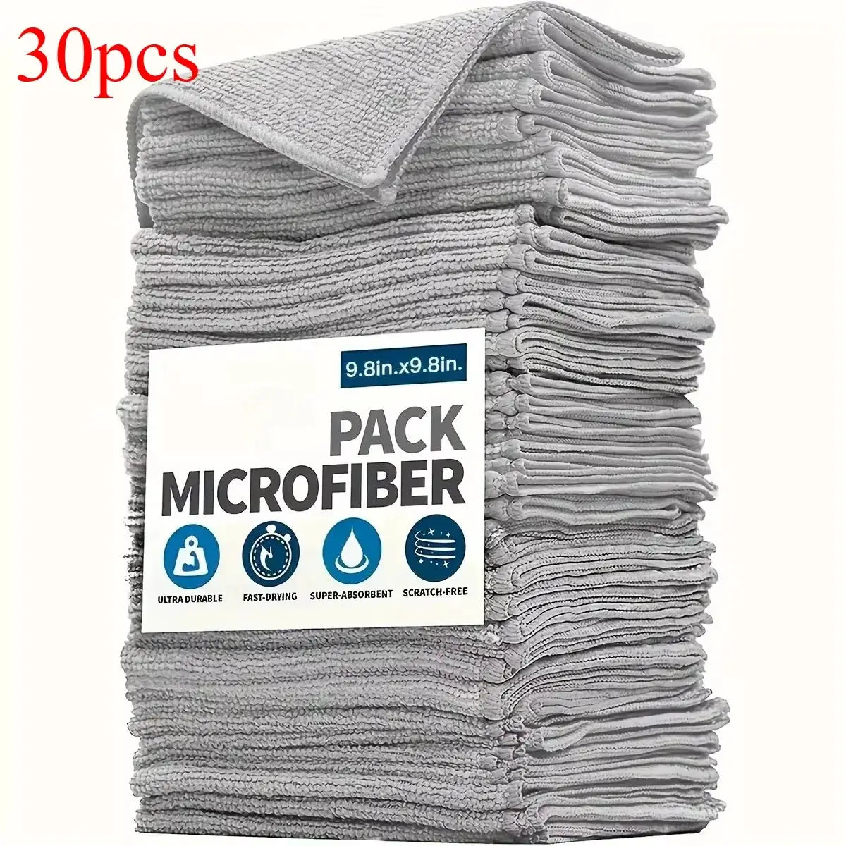 30-pack light gray microfiber kitchen towels; ultra-absorbent, soft, scratch-free.