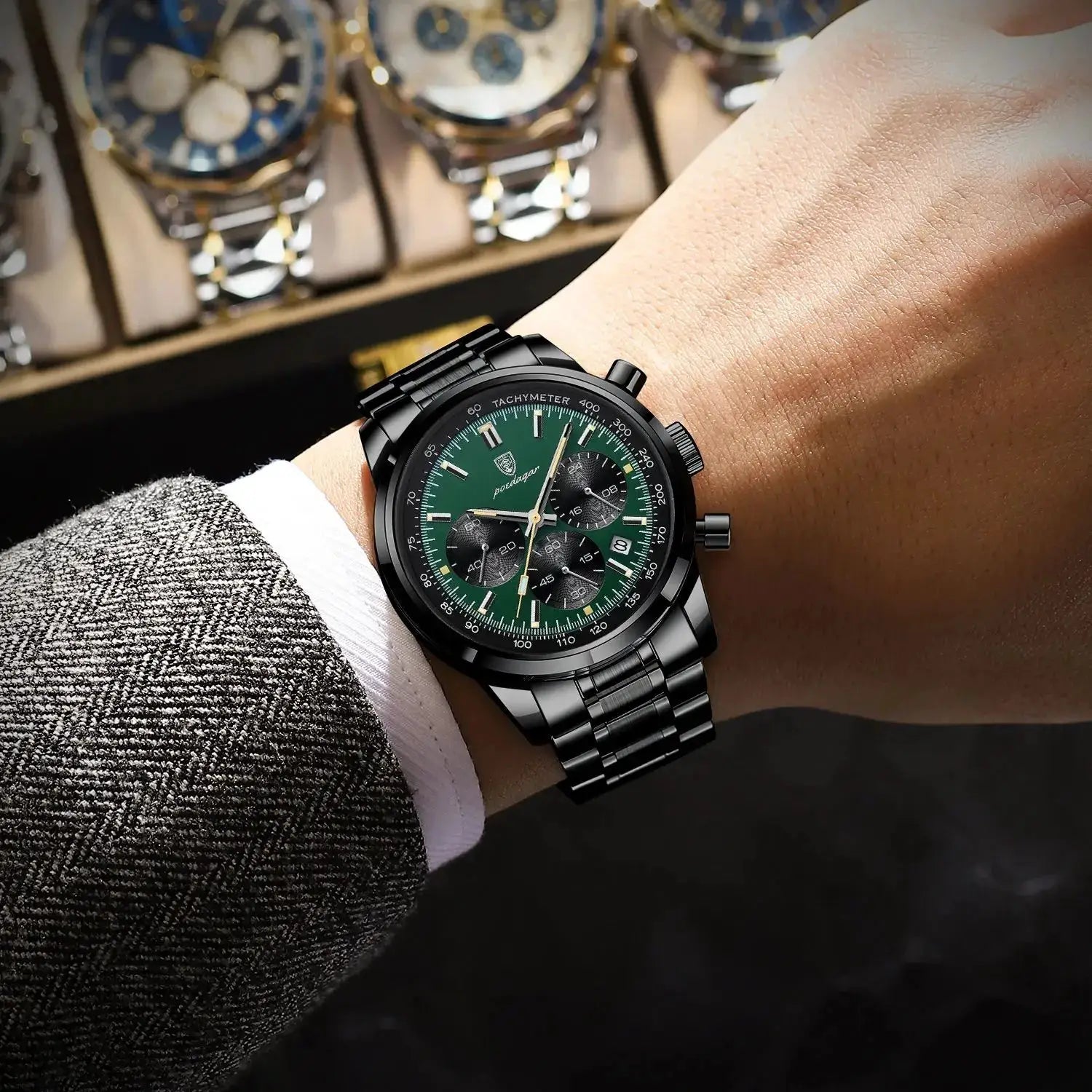 Poedagar men's luxury chronograph watch, waterproof black stainless steel with green dial and date window.