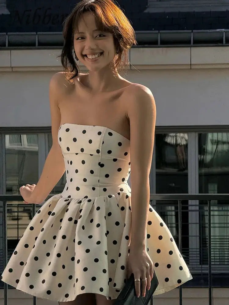 Nibber Dots Print Dress Backless Bow Applique Ruffles Y2K Bodycon