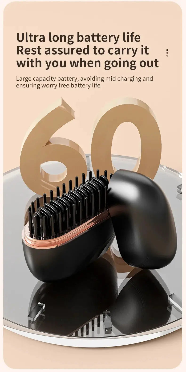 Mini cordless hair straightener brush by Simples Market, black with rose-gold trim; USB rechargeable.