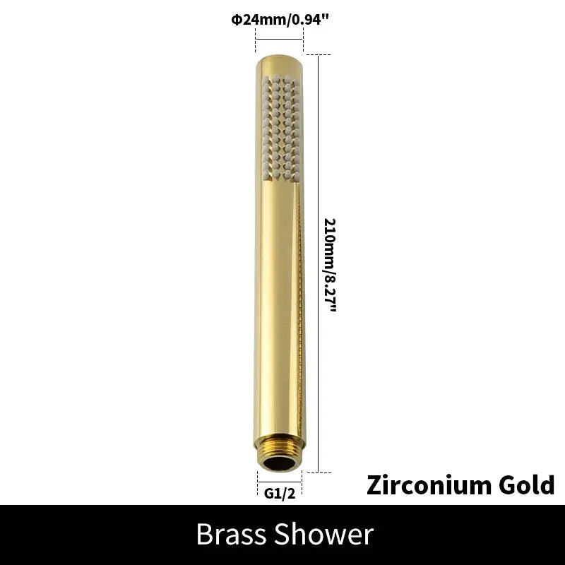 Brass handheld shower head in zirconium gold by Simples Market, 210mm long, G1/2 connector.