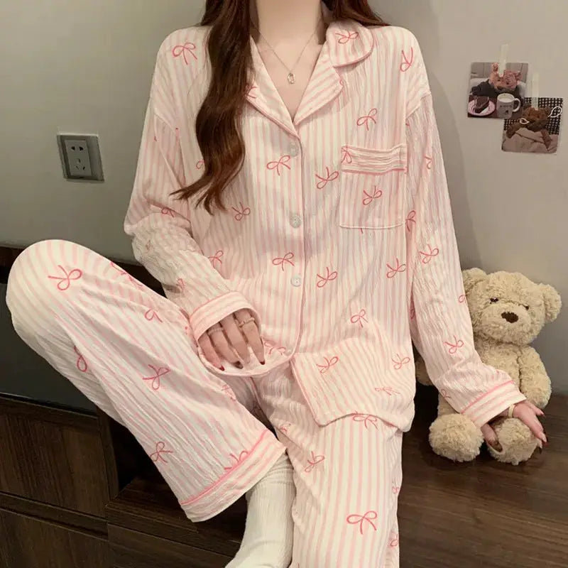 CozyNest Spring And Autumn Women Pajamas Loungewear Set Cardigan Breathable Crinkled Polyester With Love Heart Print
