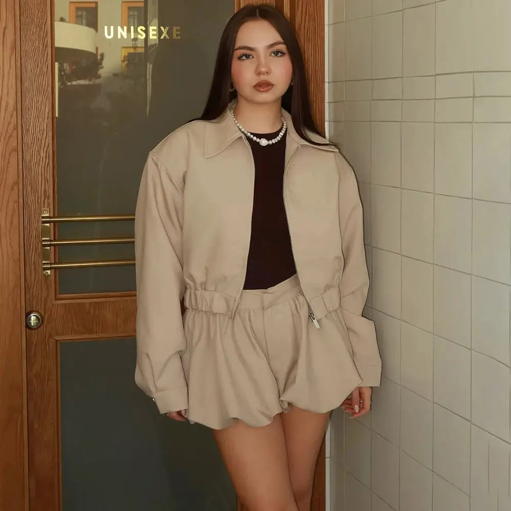 Tuularose Womens Lapel Zip Jacket Two Piece Pleated Shorts Autumn Suit