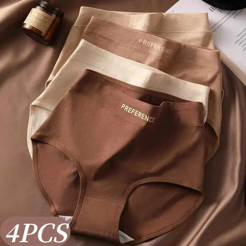 4Pcs women's high-waist cotton briefs set in brown, beige and cream; Preference-branded underwear