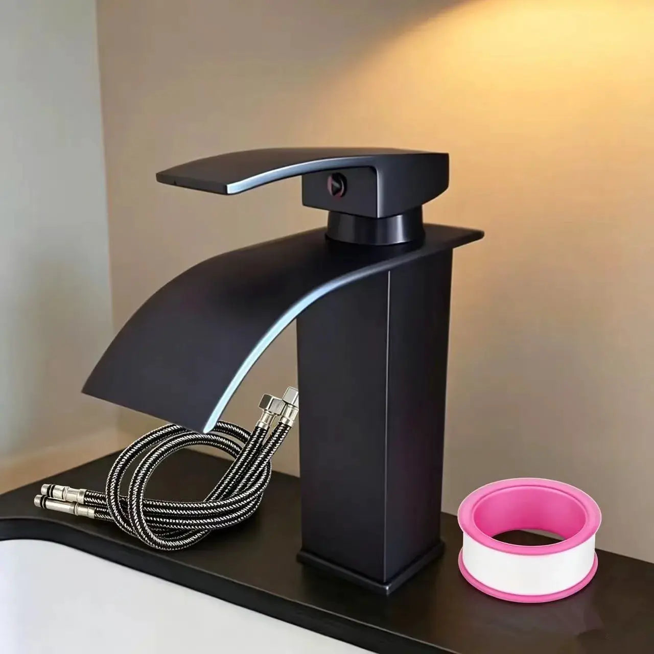 Black stainless steel waterfall wash basin faucet with high-low spout and braided hoses