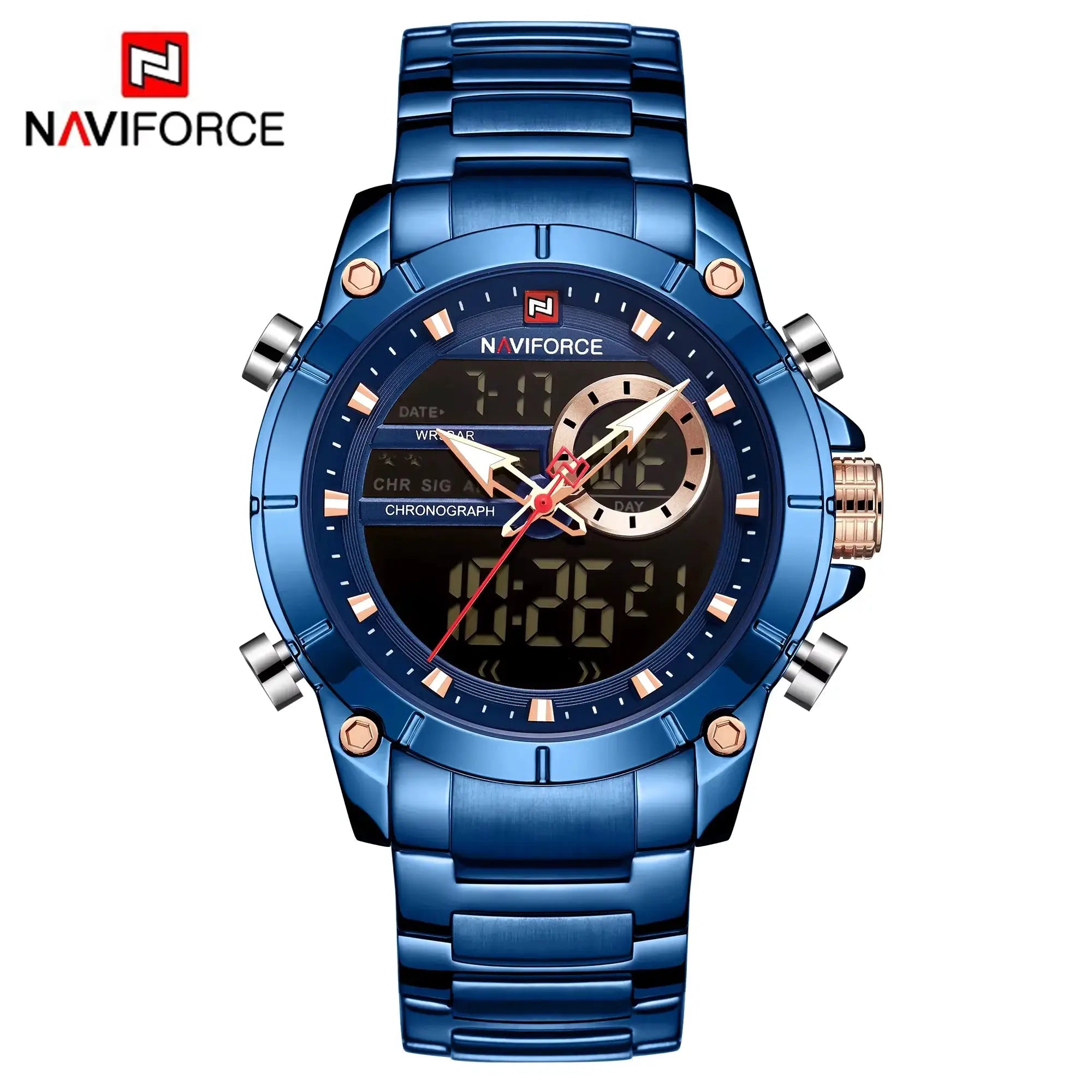 Naviforce 9163 Luxury Sport Mens Wristwatch With Dual Analog Digital Display Stainless Steel Water Resistant