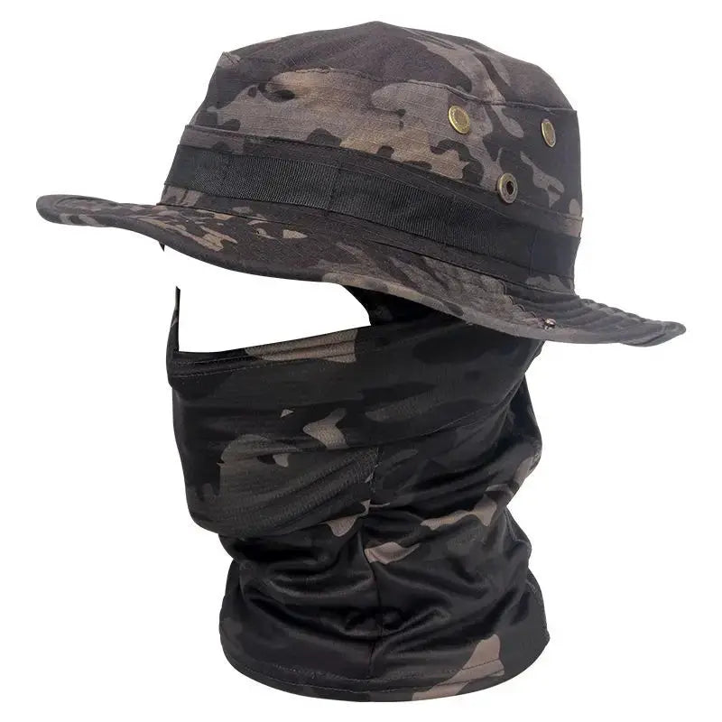 Boonie hat with camouflage pattern and matching neck gaiter mask for sun protection