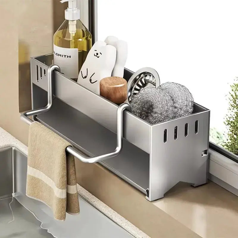 Simples Market stainless steel sink sponge rack with hanging arms, holds sponges, scrubbers, and dishcloths
