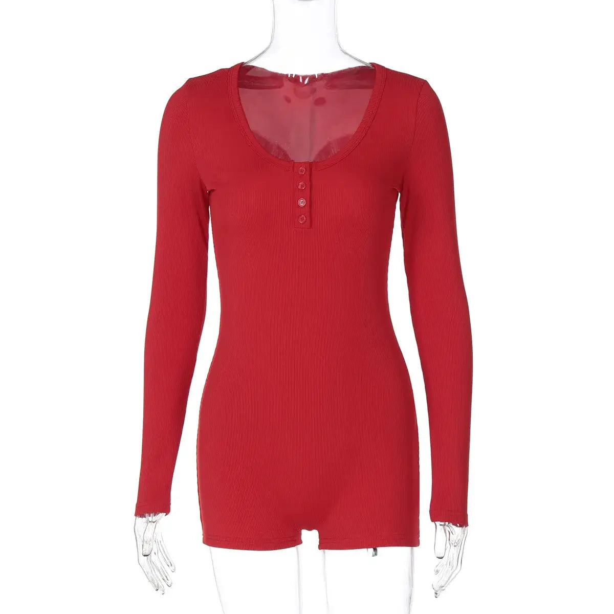 Hugcitar red ribbed knit playsuit with square collar, long sleeves and button placket; bodycon romper.
